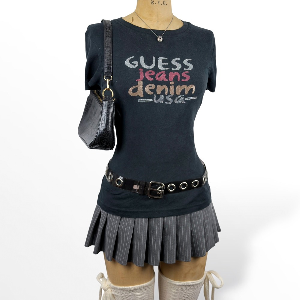 2000s Guess Jeans Glitter Logo Baby Tee Black Y2K Fitted Streetwear Size S
